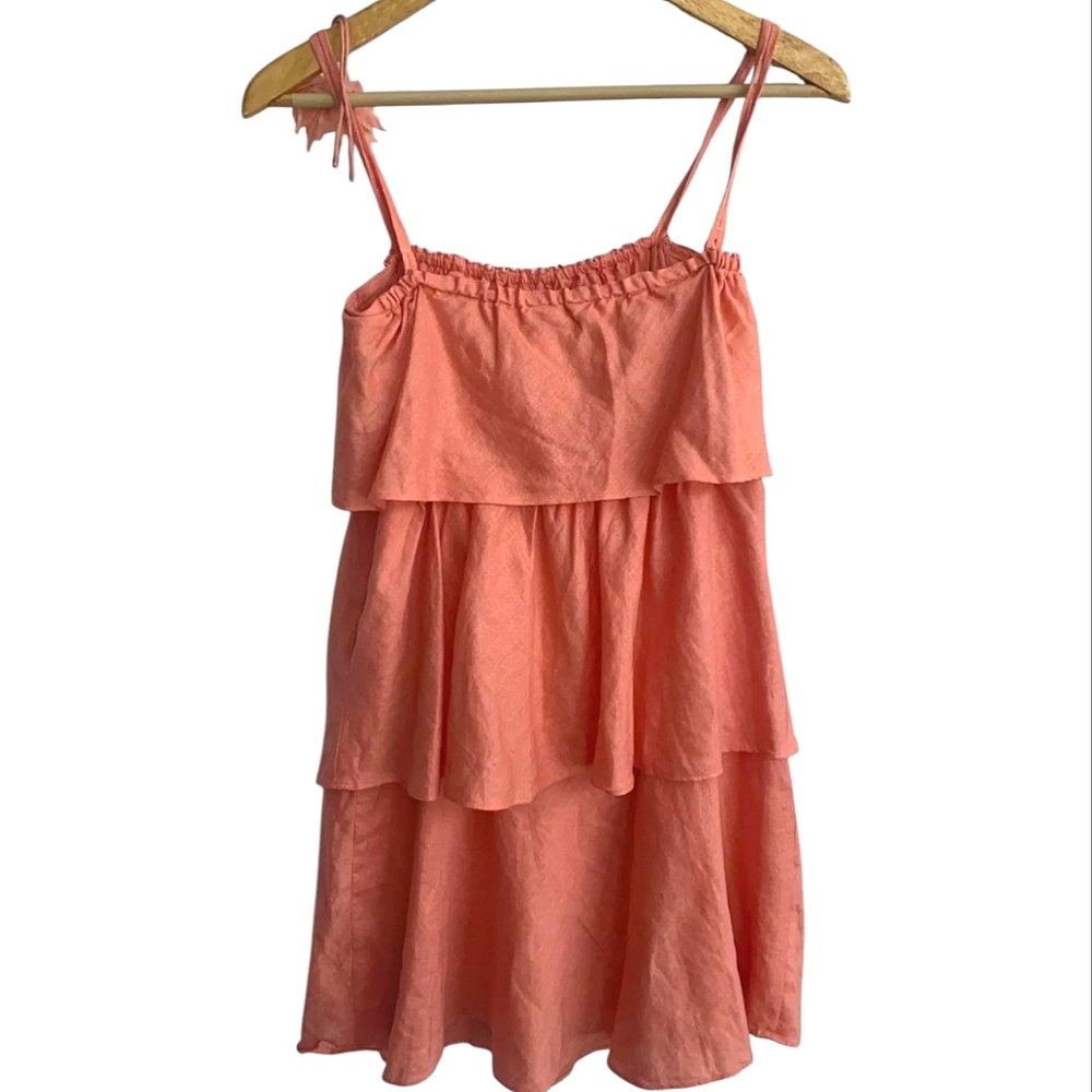 J. Crew Coral Orange Linen Ruffle Tiered Sun Dress w/Spaghetti Straps | Size 6 - Picture 5 of 9